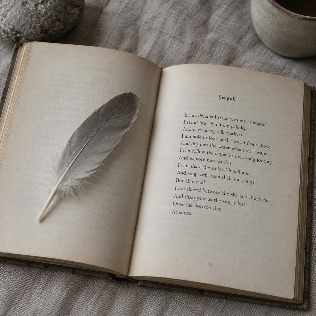 Anne Balt's poem Seagull printed on an old book page beside dried flowers and a pencil